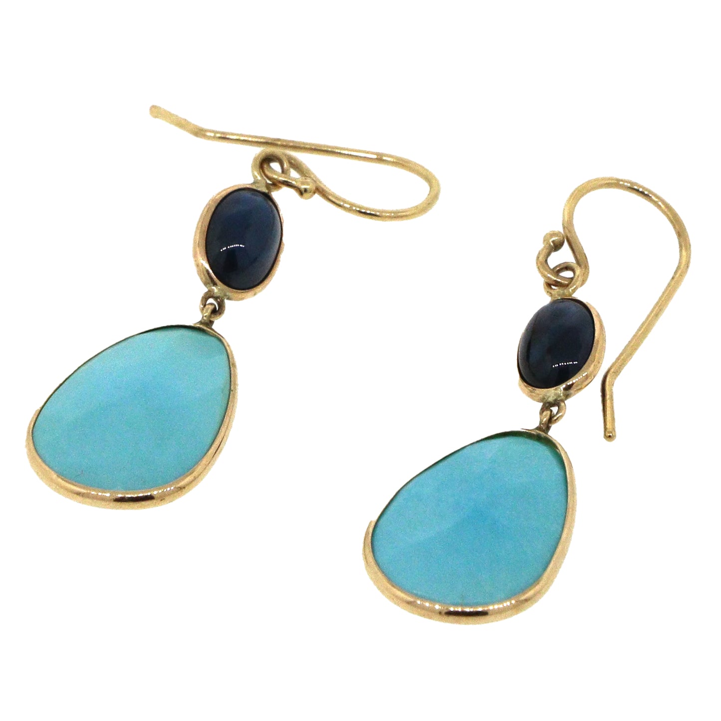 Turquoise and Onyx Yellow Gold Dangle Earrings