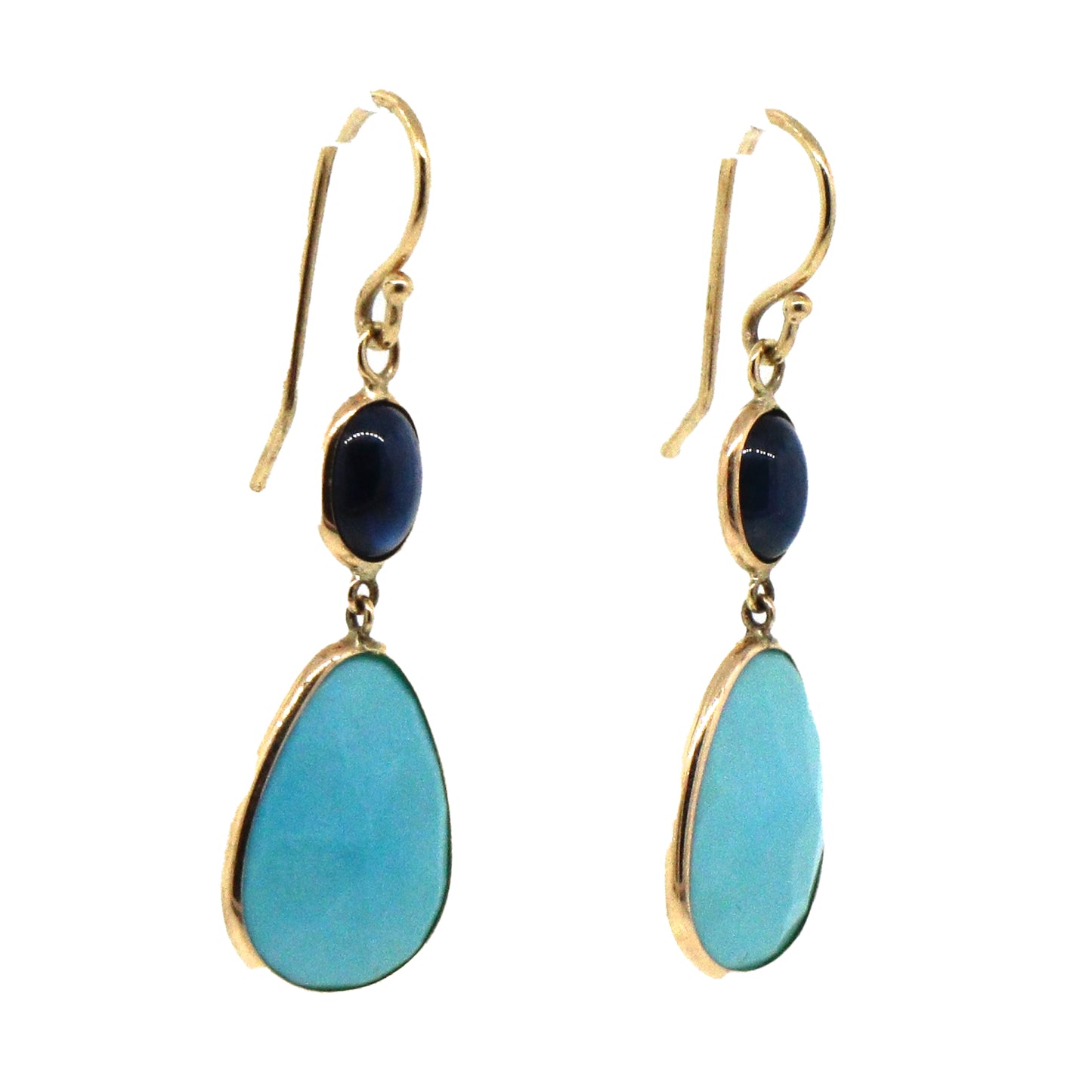 Turquoise and Onyx Yellow Gold Dangle Earrings