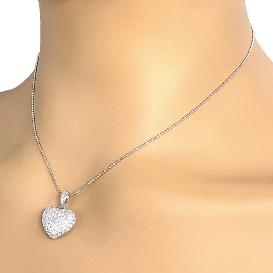14k White Gold Diamond Puffed Heart Pendant  Necklace