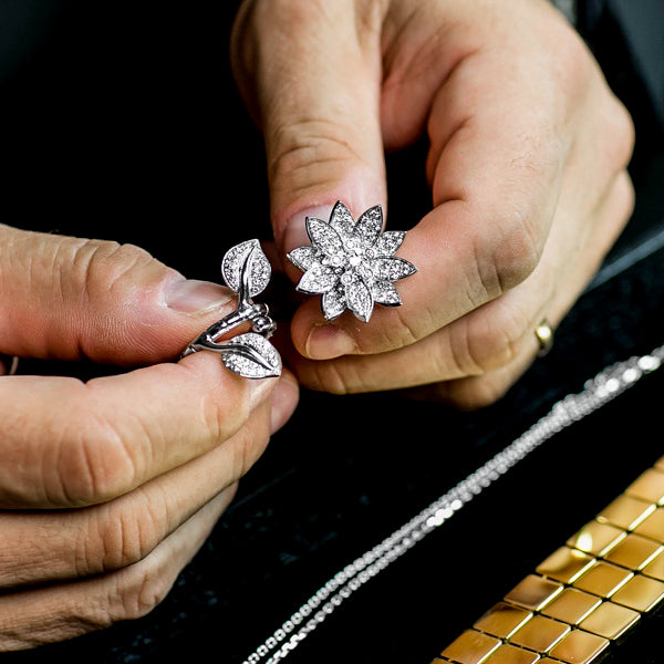 Photo showing jewelry evaluation of a diamond ring.