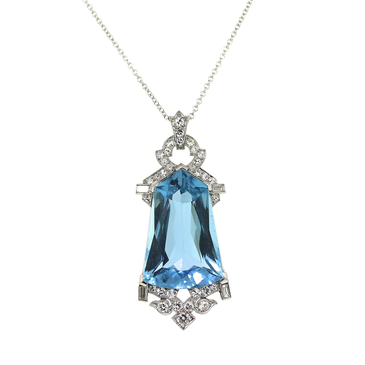 Art Deco Platinum Aquamarine and Diamond Pendant