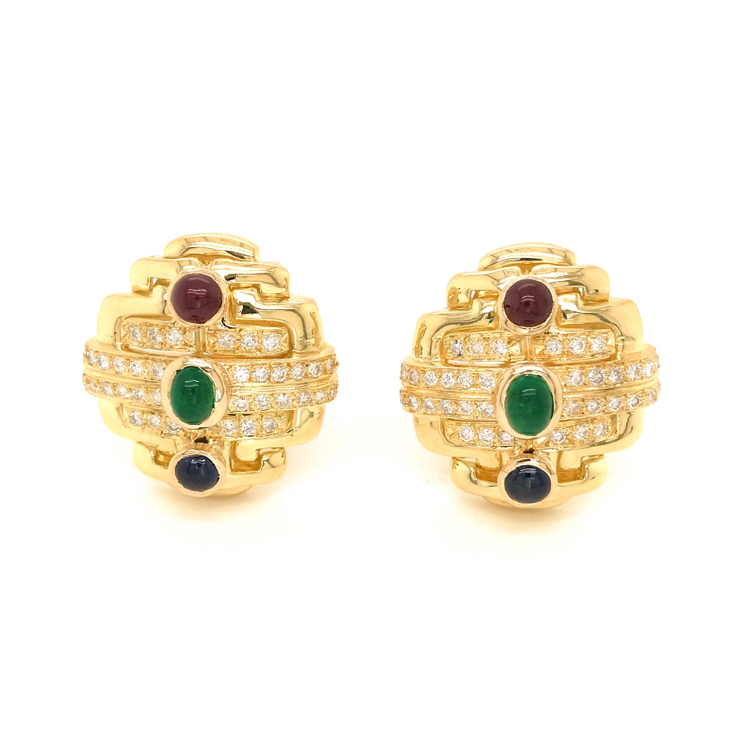 18k Yellow Gold Precious Stone and Diamond Earrings