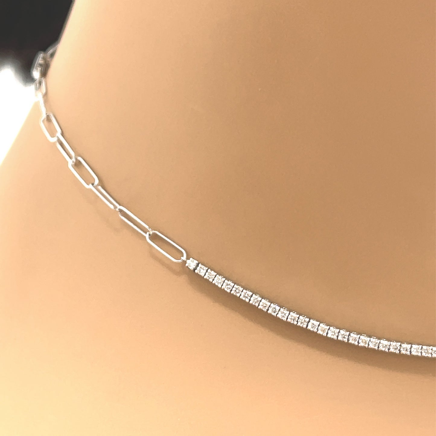 18 kt White Gold Chain Link Diamond Adjustable Choker Necklace