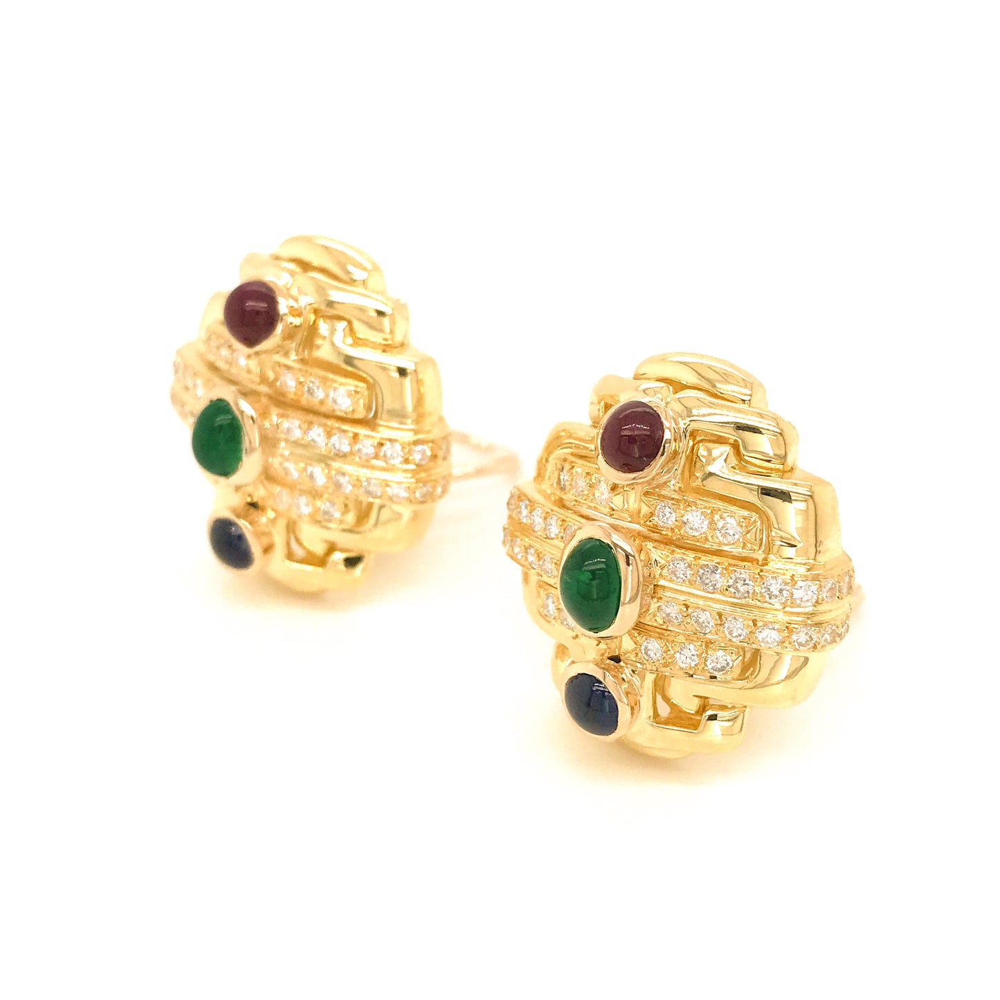 18k Yellow Gold Precious Stone and Diamond Earrings