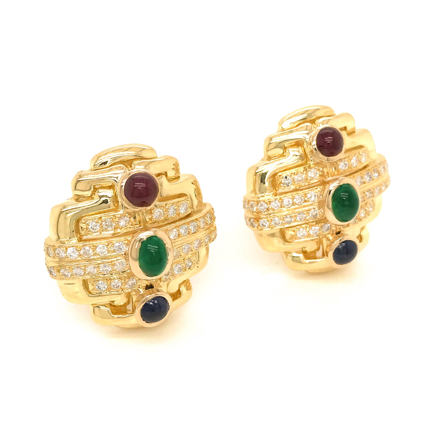 18k Yellow Gold Precious Stone and Diamond Earrings
