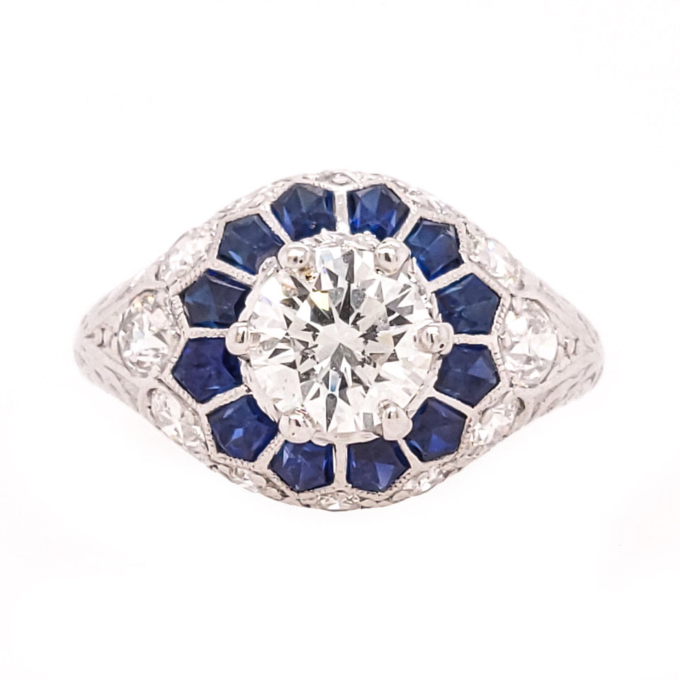 Platinum Art Deco Style Sapphire and Diamond Engagement Ring