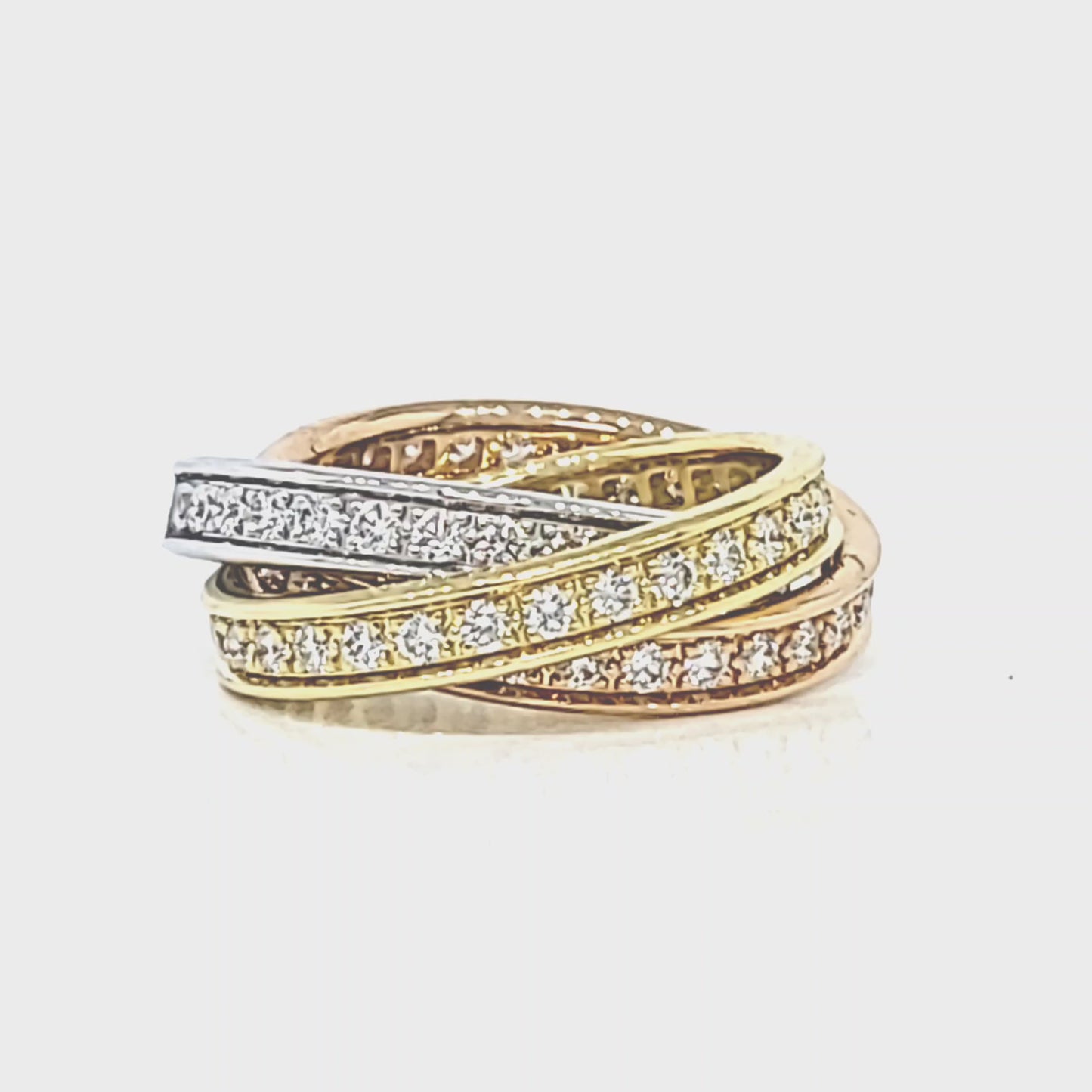 Load and play video in Gallery viewer, Cartier Diamond Trinity Ring in 18K White, Yellow & Rose Gold