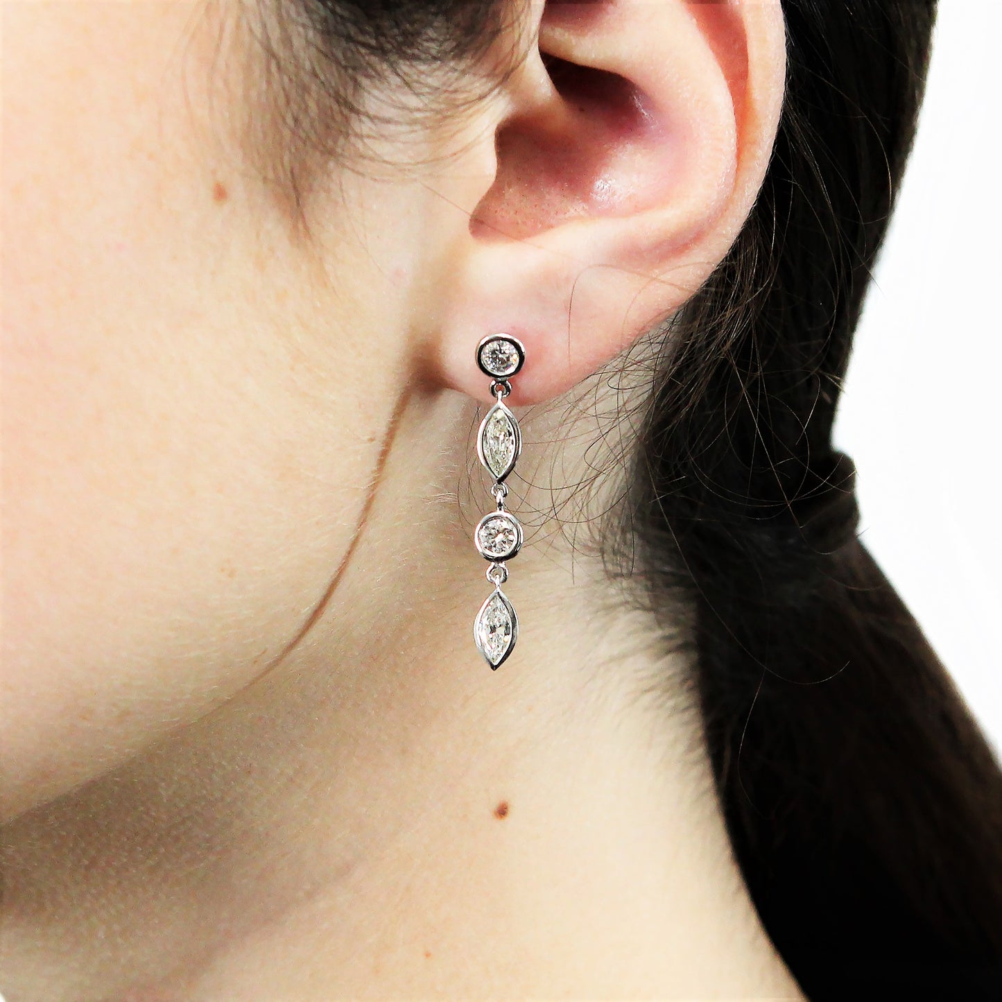 FAB DROPS 14k White Gold Round and Marquise Diamond Drop Earrings