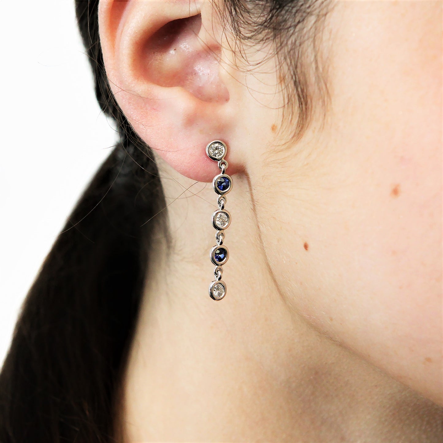 Fab Drops 14k White Gold Diamond and Sapphire Drop Earrings