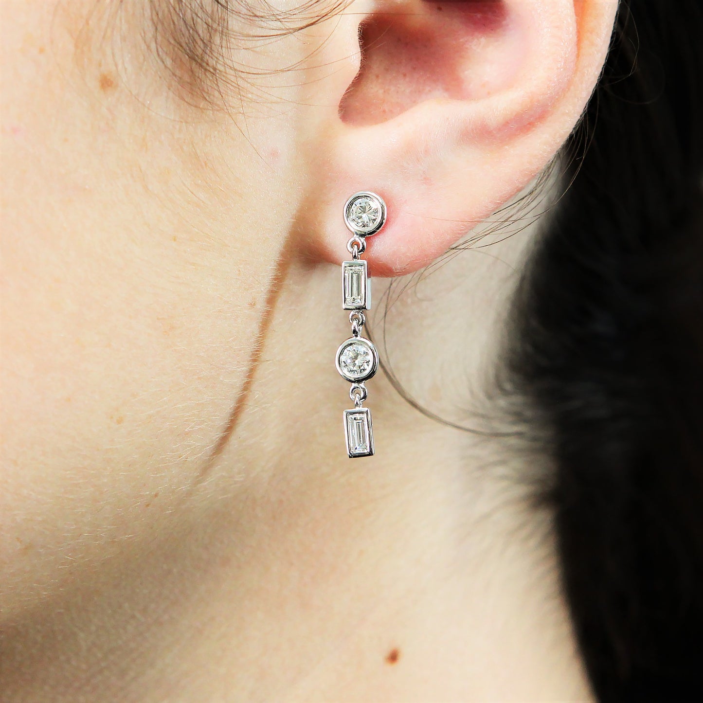 FAB DROPS 14k White Gold Round and Baguettes Diamond Drop Earrings