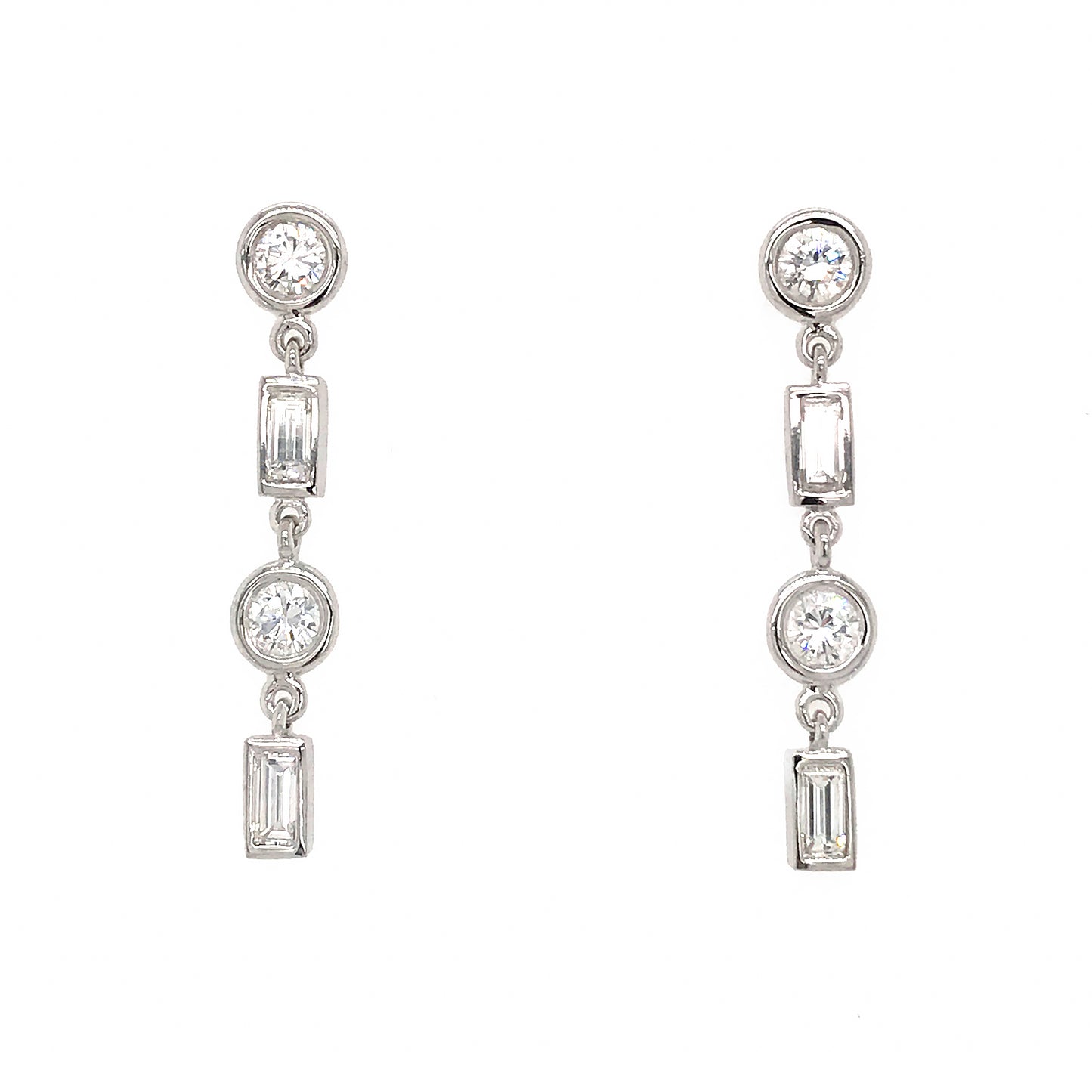 FAB DROPS 14k White Gold Round and Baguettes Diamond Drop Earrings