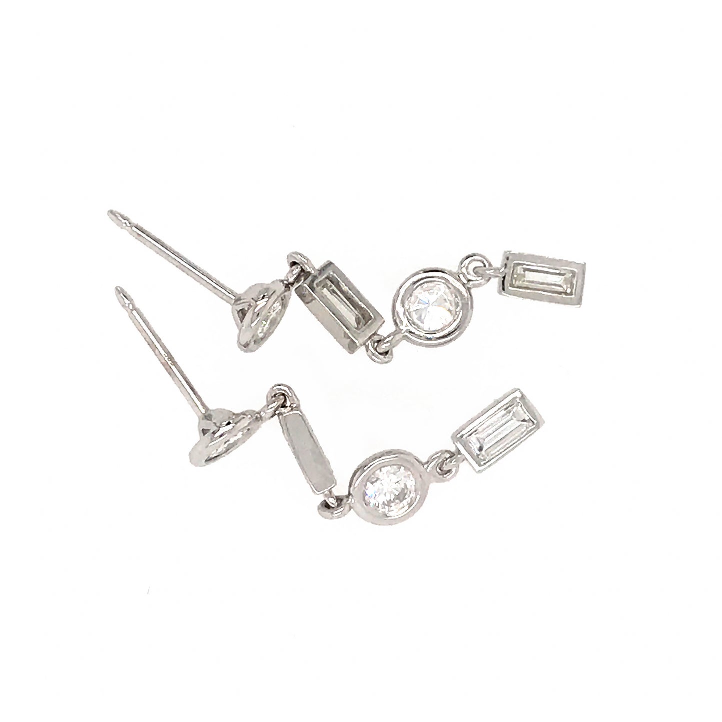 FAB DROPS 14k White Gold Round and Baguettes Diamond Drop Earrings