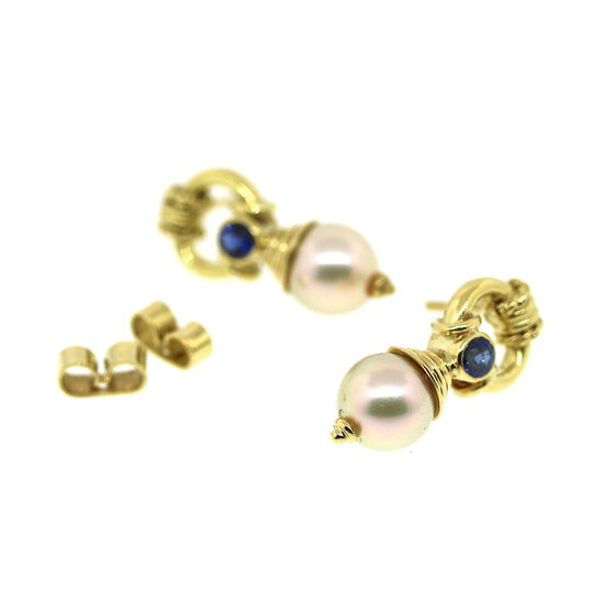 Load image into Gallery viewer, Pearls and Sapphire Dangle Estate Earrings
