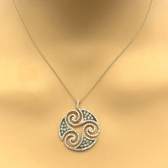 14k Rose Gold Brown and White Diamond Swirl Pendant Necklace