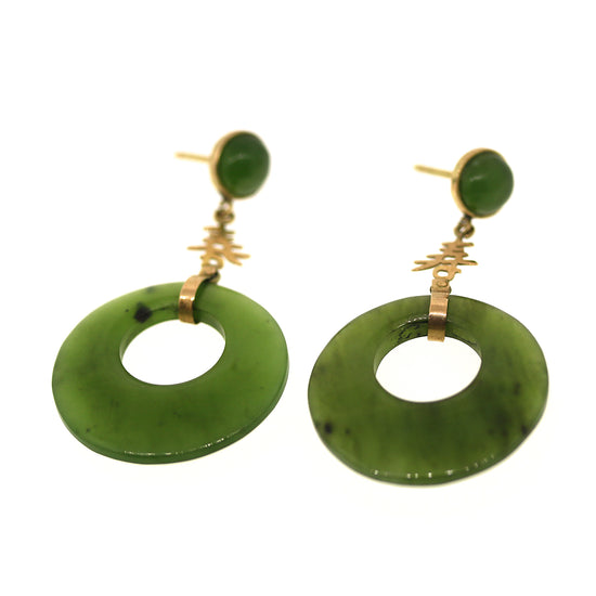 Jade Round Drop Gold Earrings with Eastern Characters