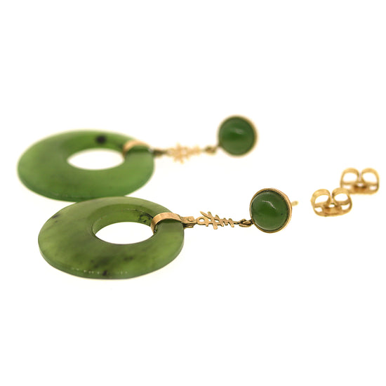 Jade Round Drop Gold Earrings with Eastern Characters