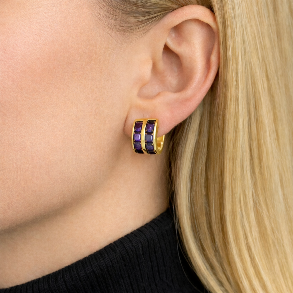 14k Yellow Gold Amethyst Hoop Earrings