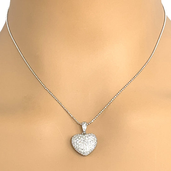 14k White Gold Diamond Puffed Heart Pendant  Necklace