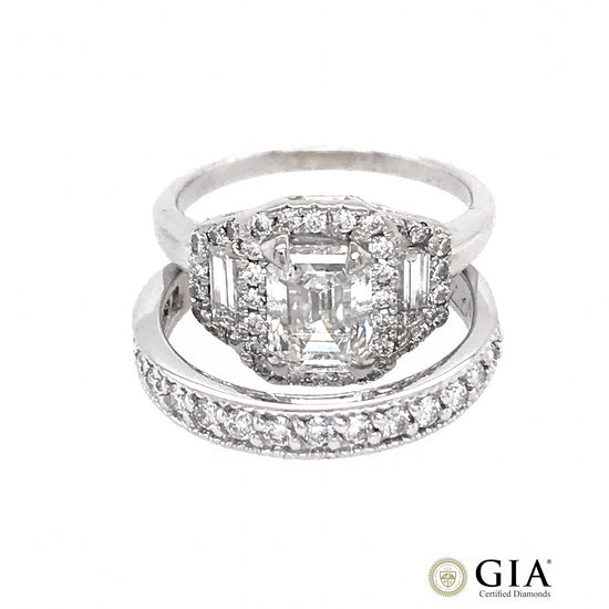 GIA Certified 1.33 Carat Emerald Cut Diamond Engagement Ring with Matching Diamond Band Ring Size 5.75