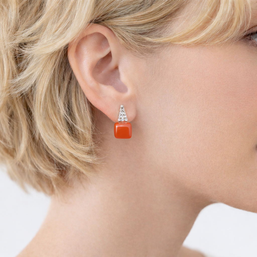 18k White Gold Coral and Diamond Hoop Earrings