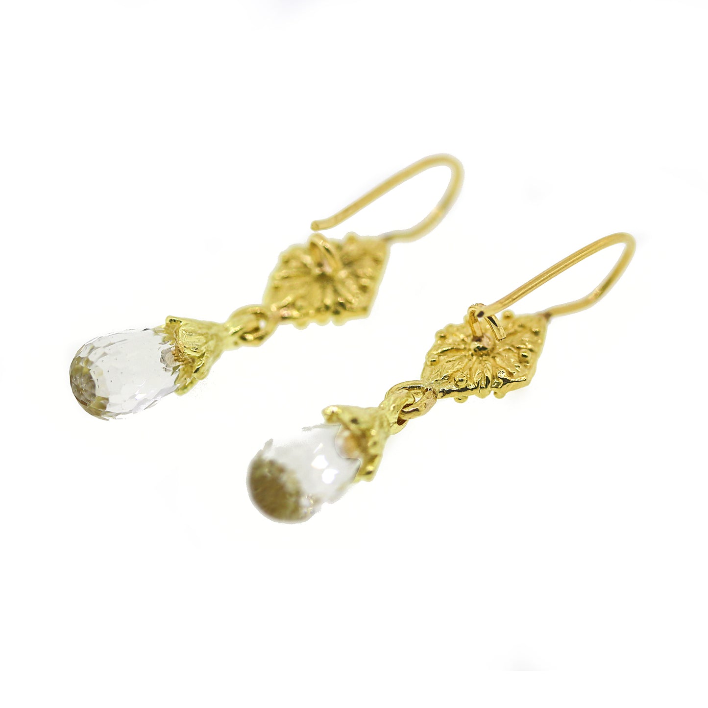 18 kt Yellow Gold White Topaz Briolet Drop Earrings