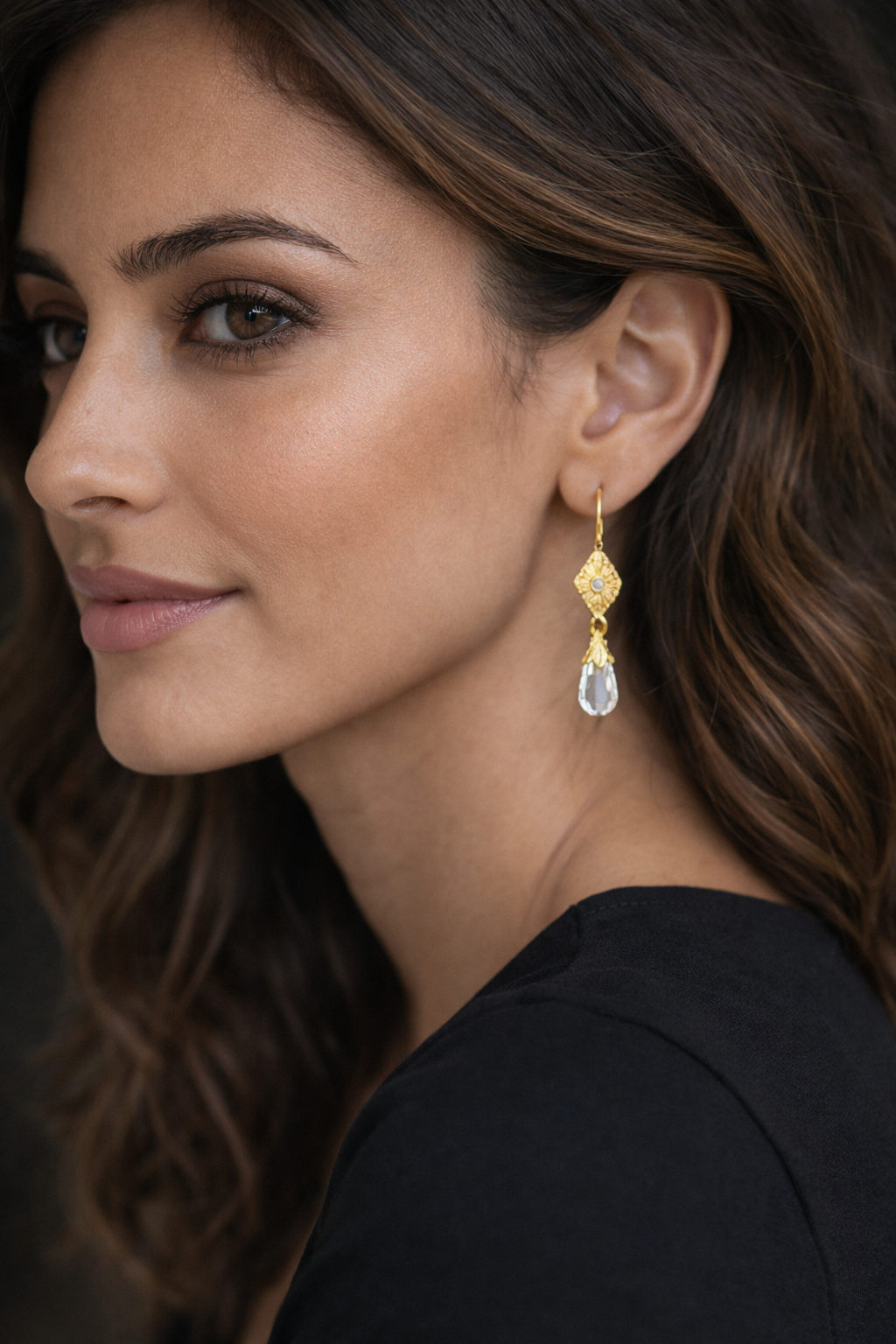 18k Yellow Gold Briolette Crystal Drop Earrings