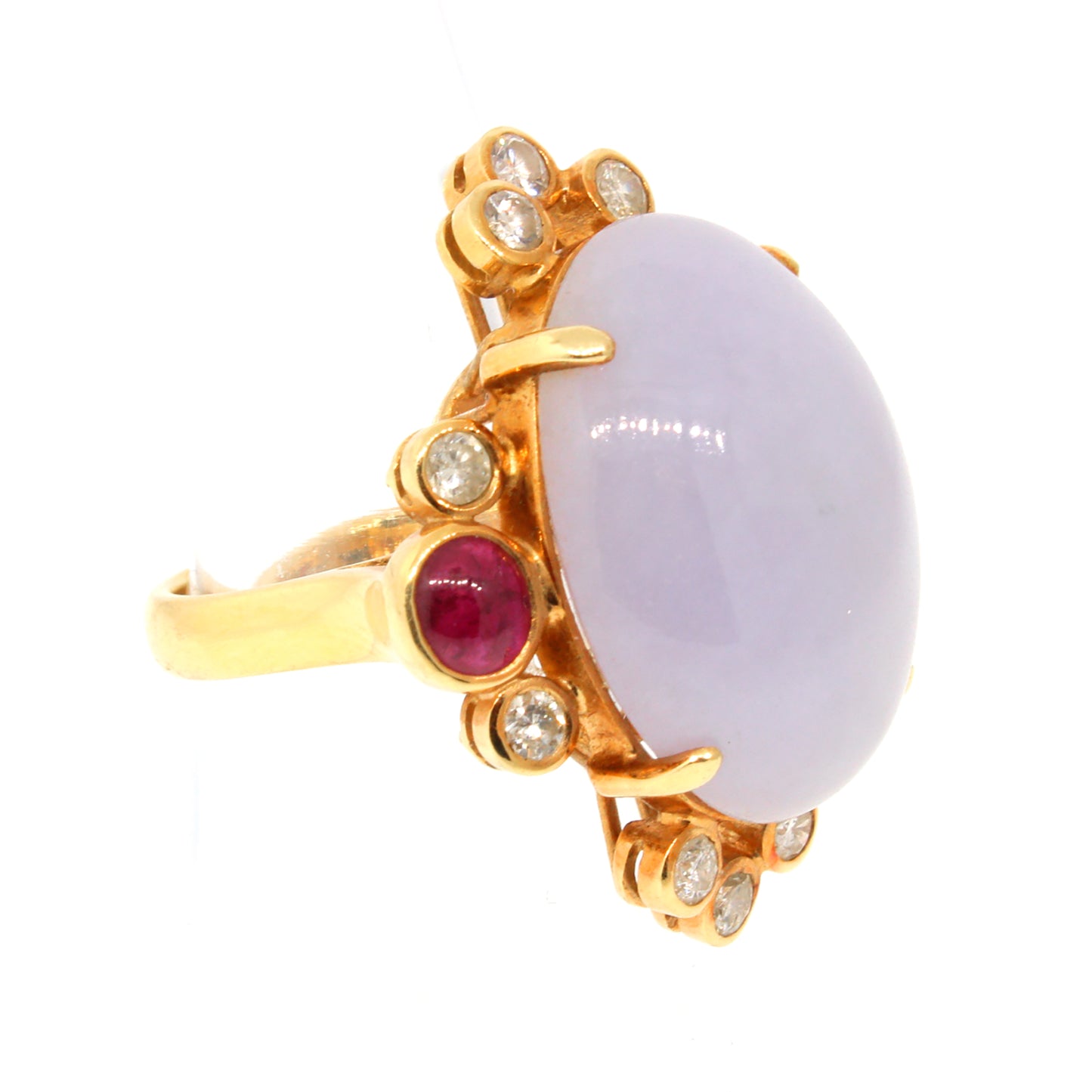 Load image into Gallery viewer, Lavender Jade, Ruby &amp;amp; Diamond Ring in 14k Gold
