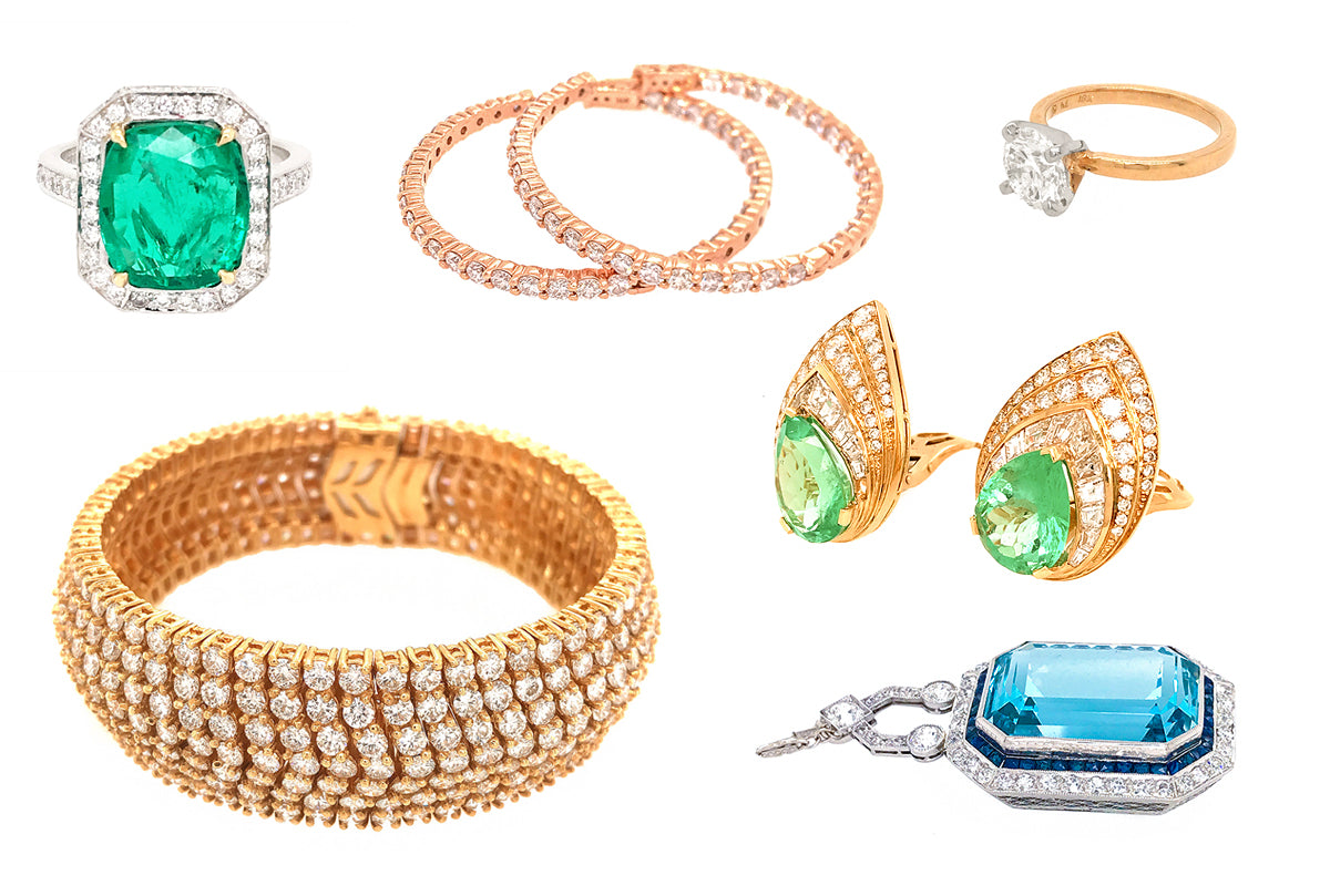 Photo of Estate Jewelry collection with earrings, necklace, engagement rings and aquamarine pendant.
