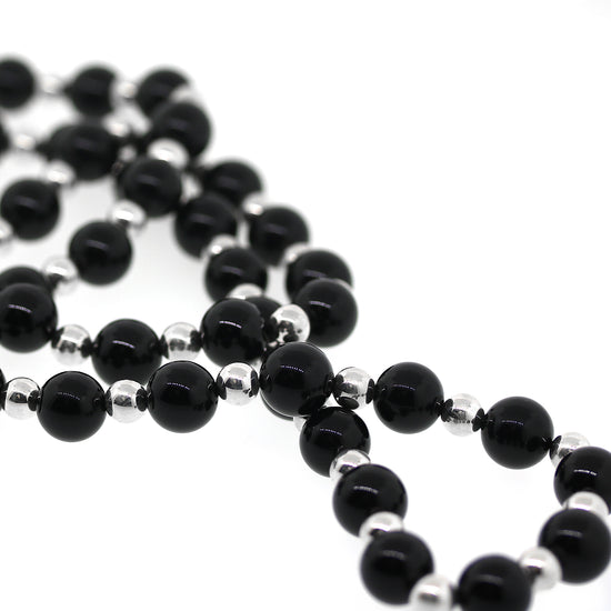 Onyx Beads in Sterling Silver Long Necklace