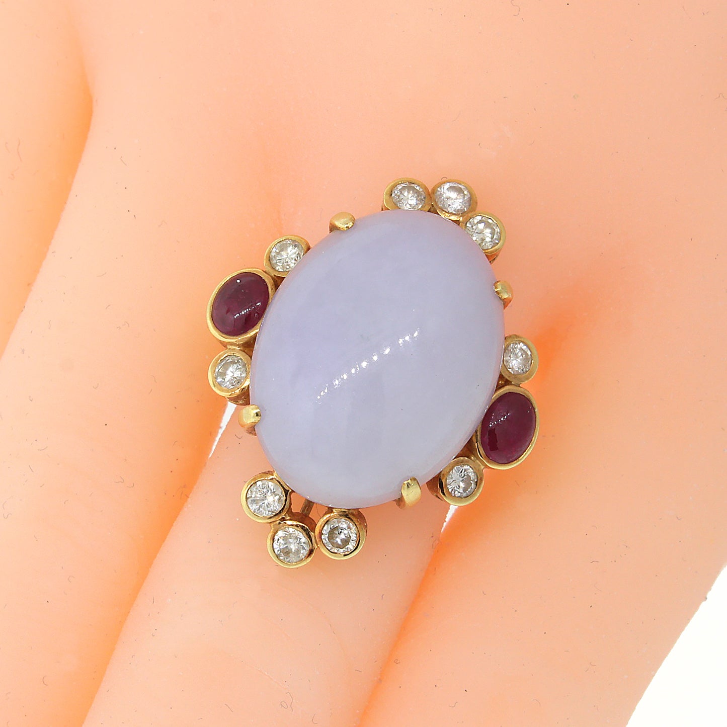 Load image into Gallery viewer, Lavender Jade, Ruby &amp;amp; Diamond Ring in 14k Gold
