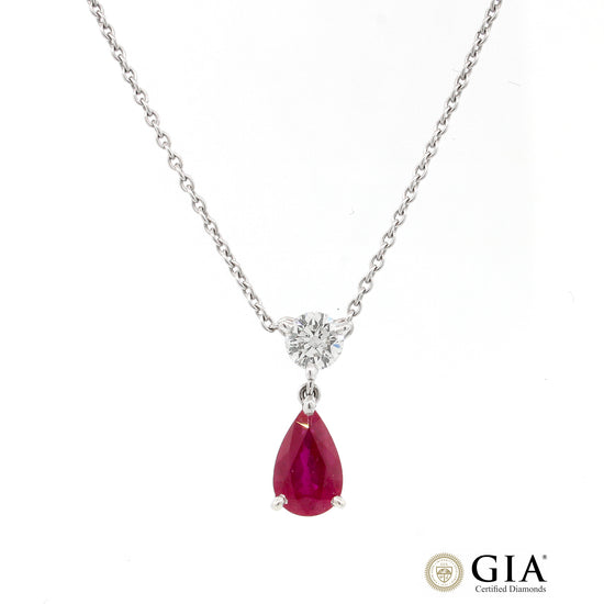 Asprey London Pear Shaped Ruby and Diamond Drop Pendant Necklace