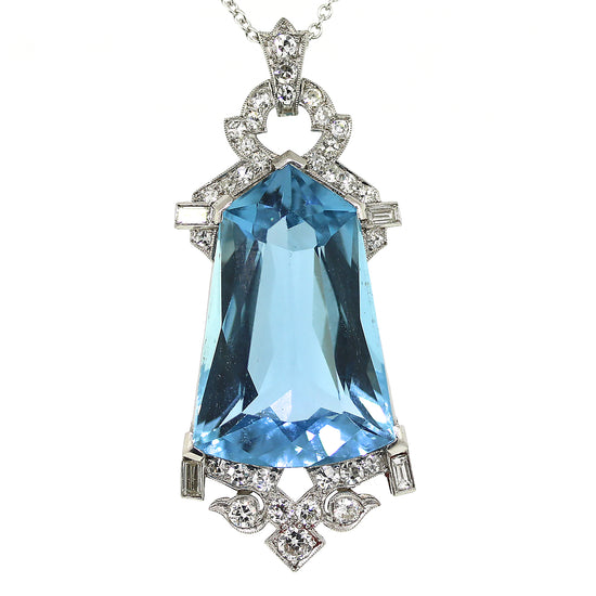 Art Deco Platinum Aquamarine and Diamond Pendant