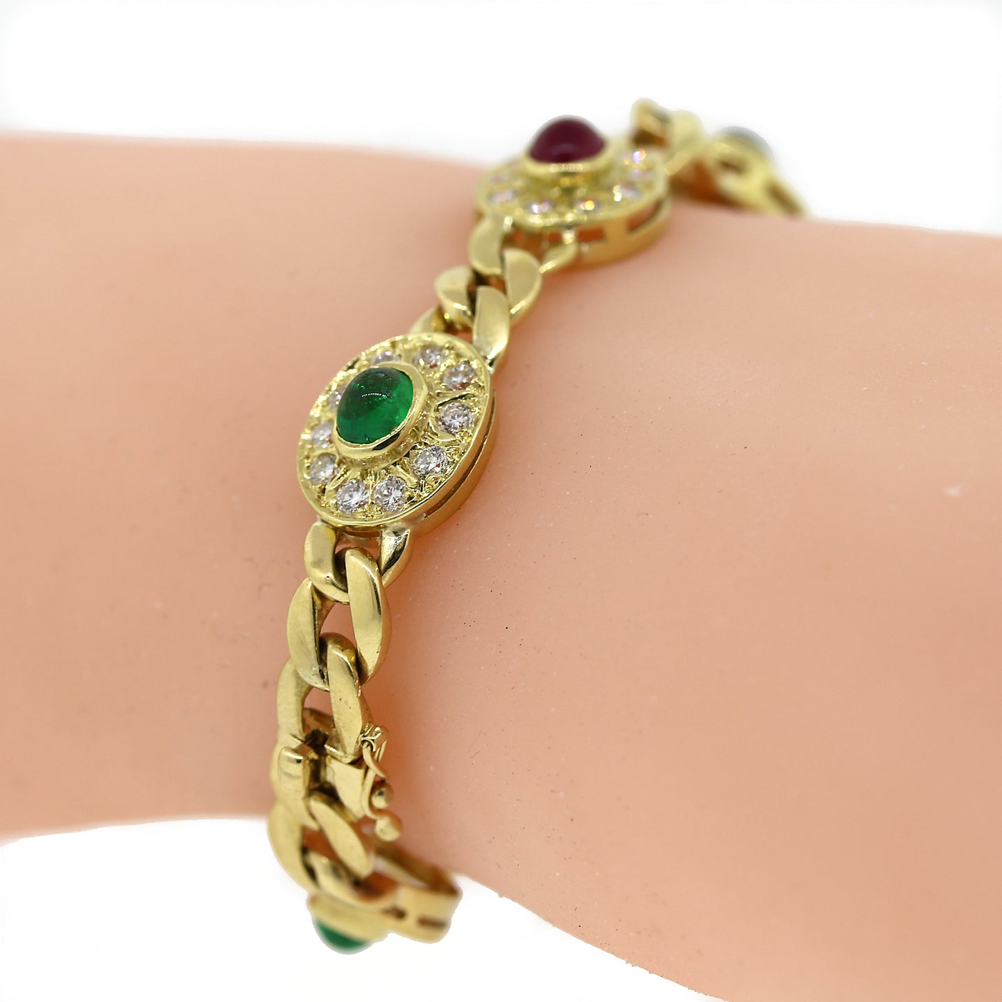 Ruby, Emerald, Sapphire Cabochon & Diamond Bracelet in 18k Gold