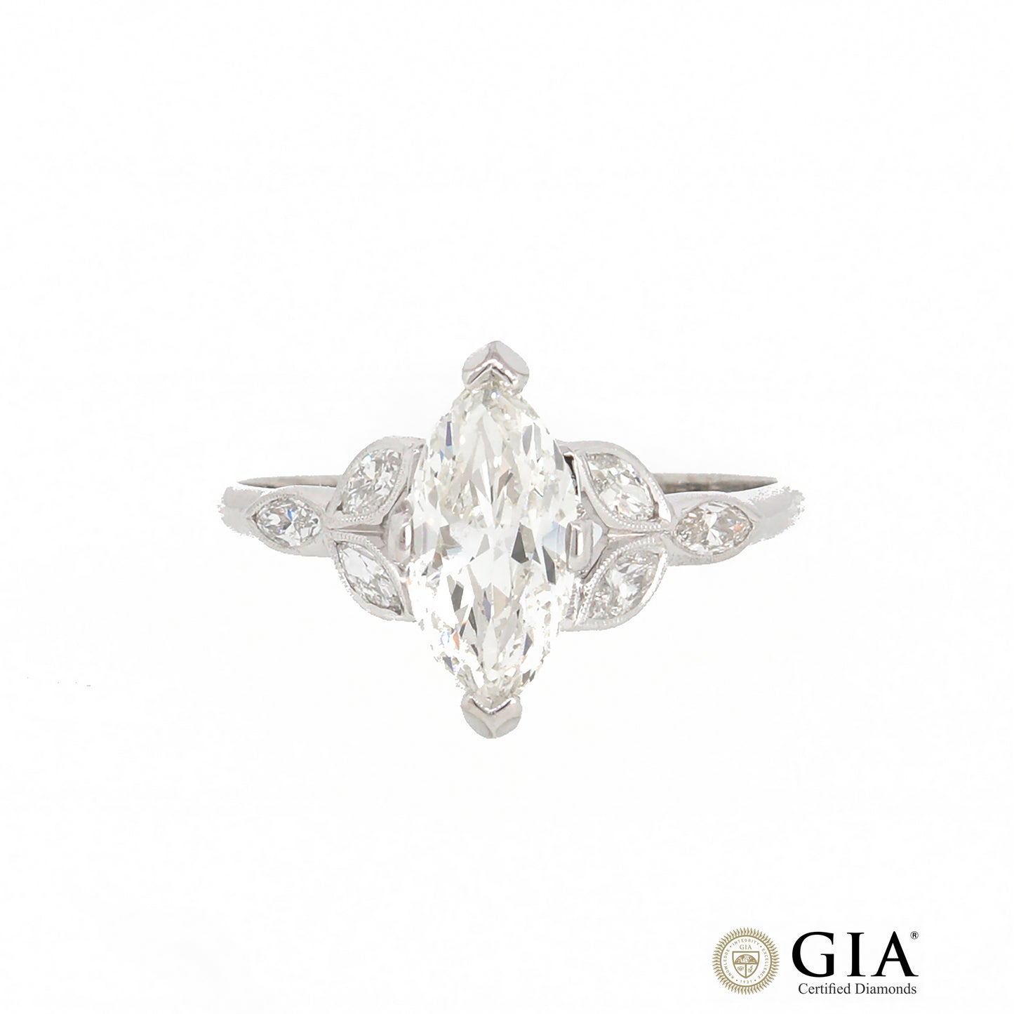 GIA Certified Marquise Cut Vintage Diamond Engagement Ring Size 8.5