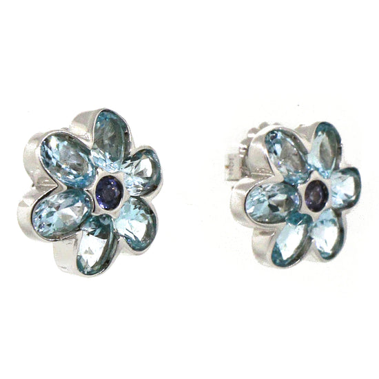 14k White Gold Blue Topaz and Sapphire Flower Earrings