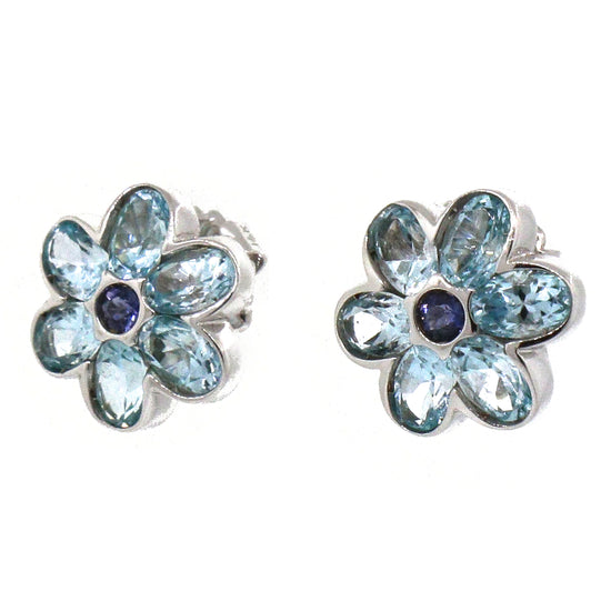 14k White Gold Blue Topaz and Sapphire Flower Earrings