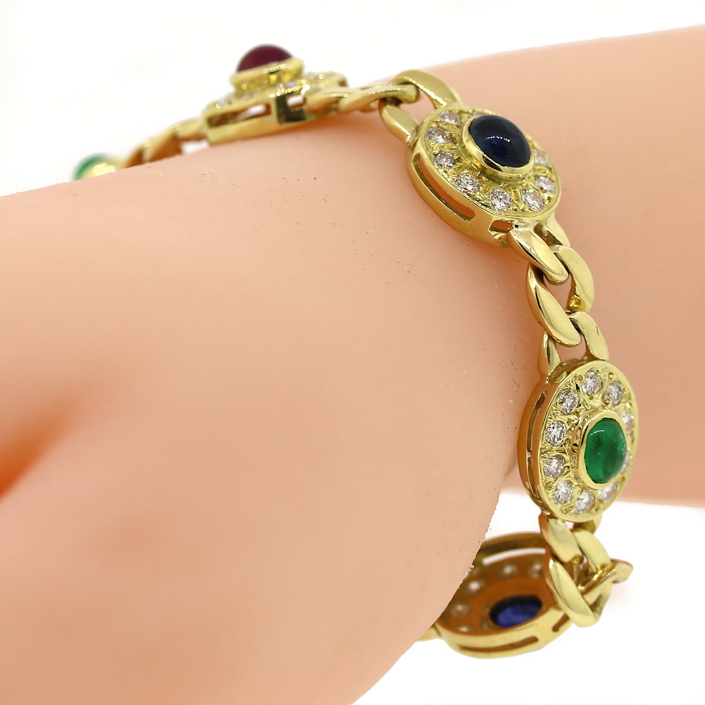 Load image into Gallery viewer, Ruby, Emerald, Sapphire Cabochon &amp;amp; Diamond Bracelet in 18k Gold
