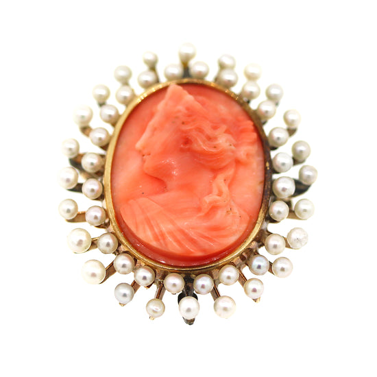 Vintage Coral and Seed Pearl Pendant Pin