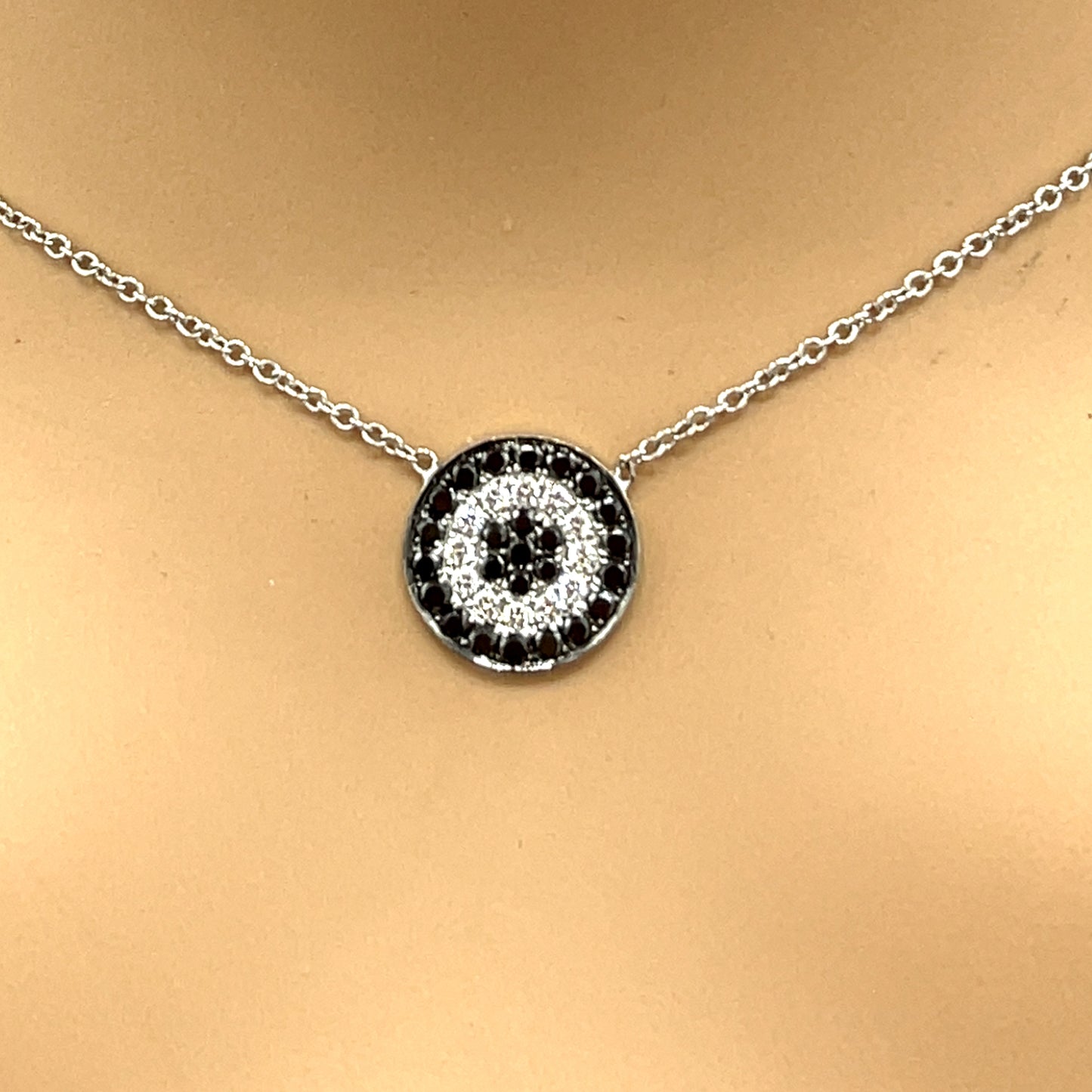 Black and White Diamond Disc White Gold Pendant Necklace