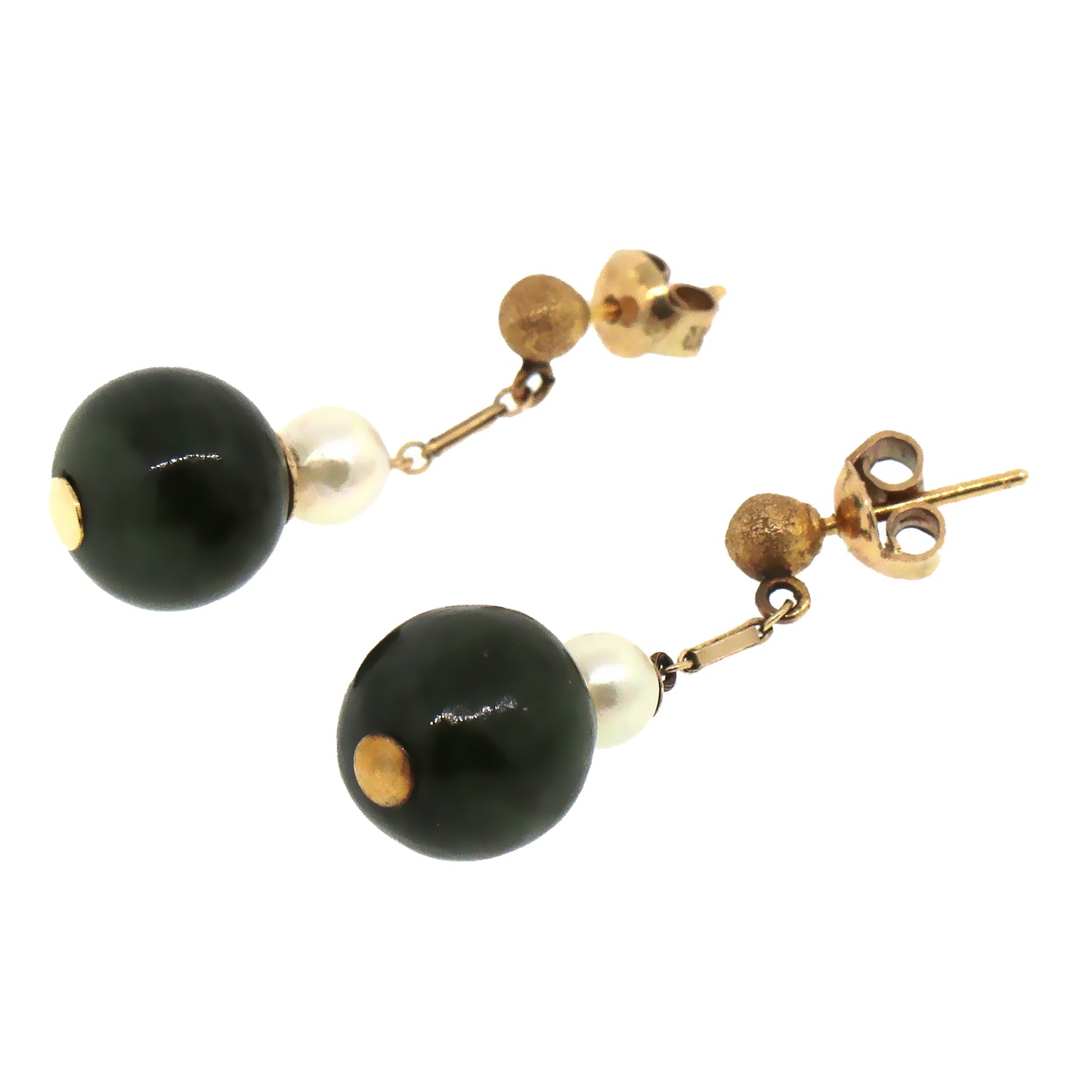 14 kt Yellow Gold Pearl and Jade Hanging Earrings