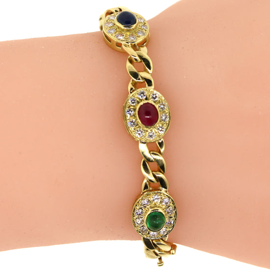 Ruby, Emerald, Sapphire Cabochon & Diamond Bracelet in 18k Gold