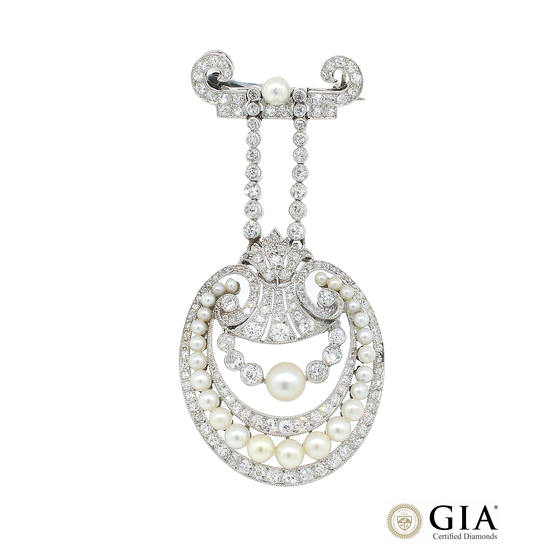 12354-41-RPPP GIA Certified Natural Pearl and Diamond Platinum Brooch