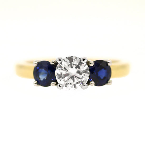 3 Stone Diamond and Sapphire Engagement Ring Size 5.5