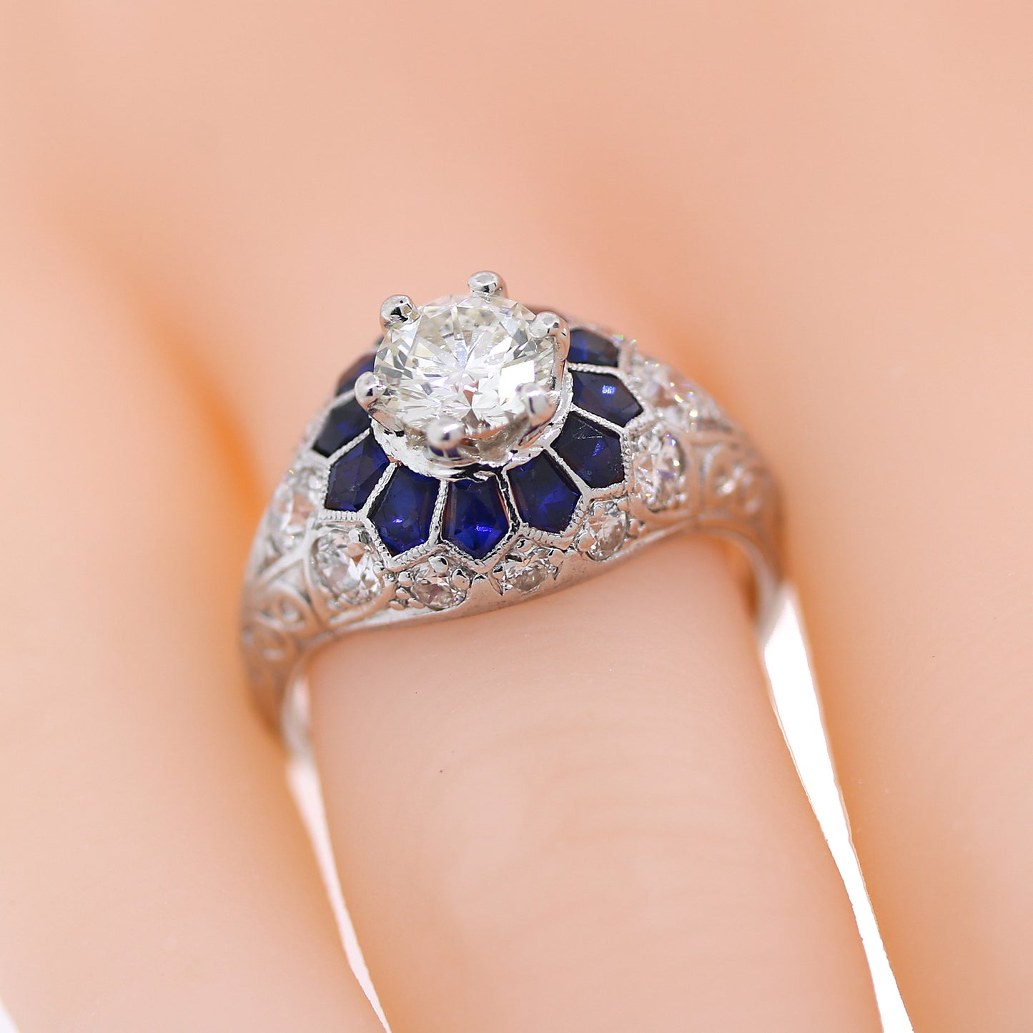 Platinum Art Deco Style Sapphire and Diamond Engagement Ring Size 7.25