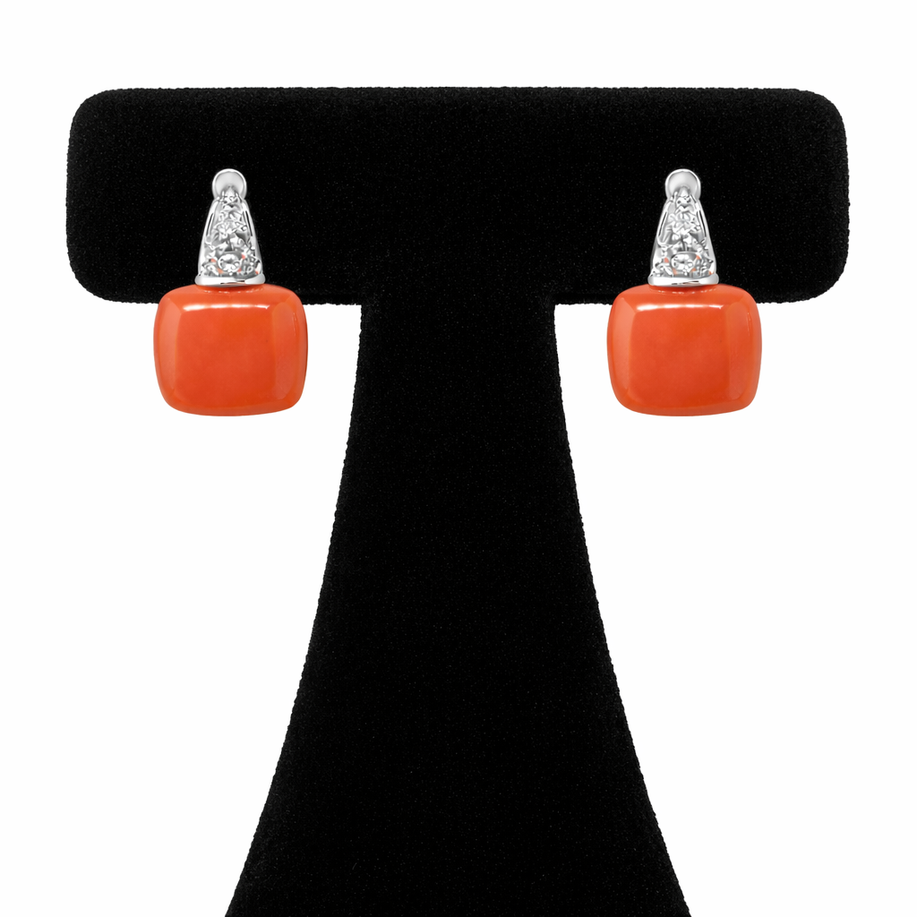 18k White Gold Coral and Diamond Hoop Earrings