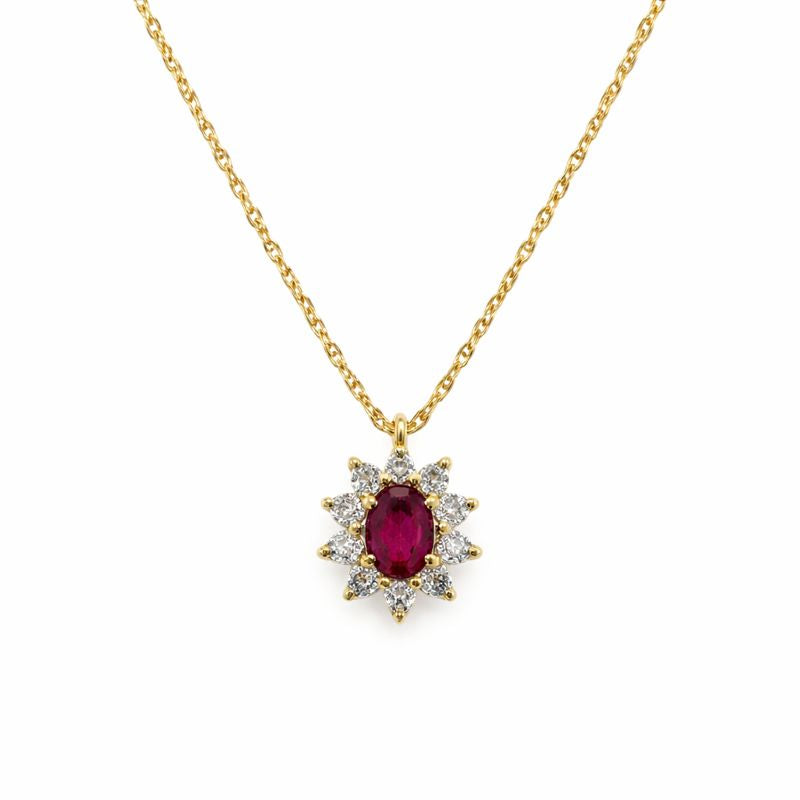Delicate Ruby and Diamond Cluster Pendant Necklace