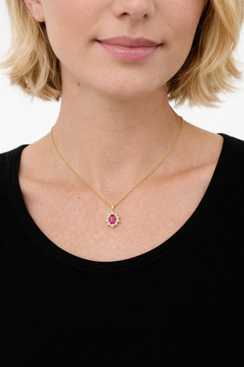 Delicate Ruby and Diamond Cluster Pendant Necklace