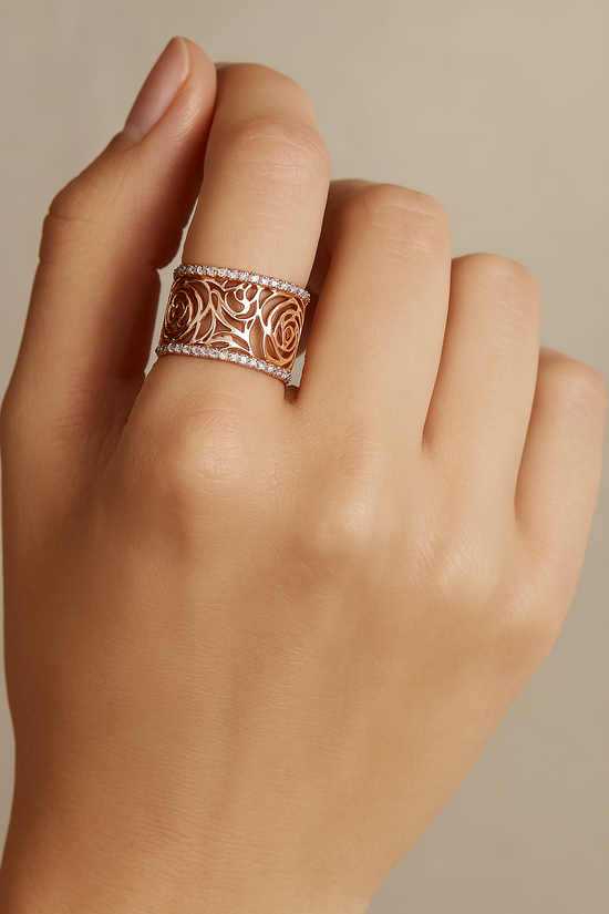 CHANEL Camelia Ajoure Rose Diamond Yellow Gold Band Ring