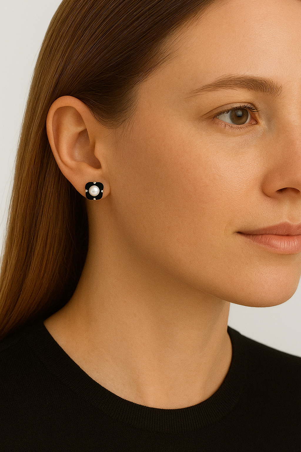 14kt Yellow Gold Pearl, Onyx and Diamond Stud Earrings