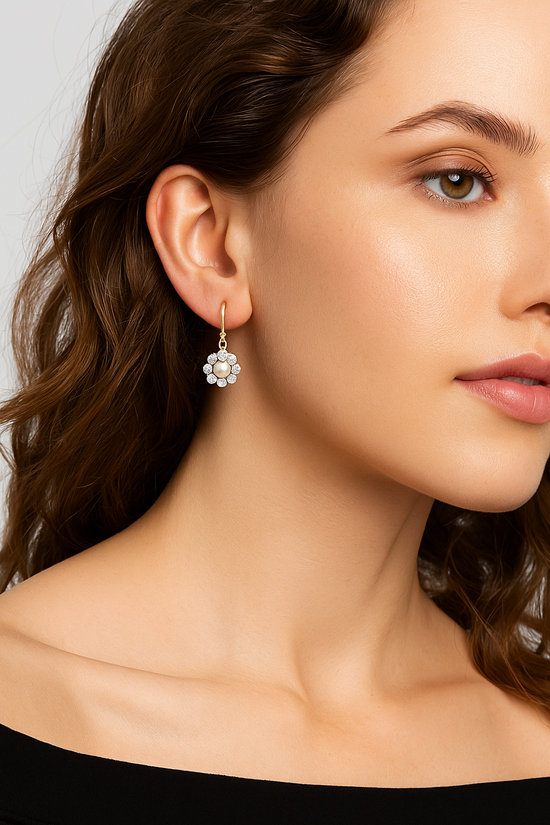 Antique 14kt Yellow Gold with Pearl and Old Mine Cut Diamond Hanging Earrings